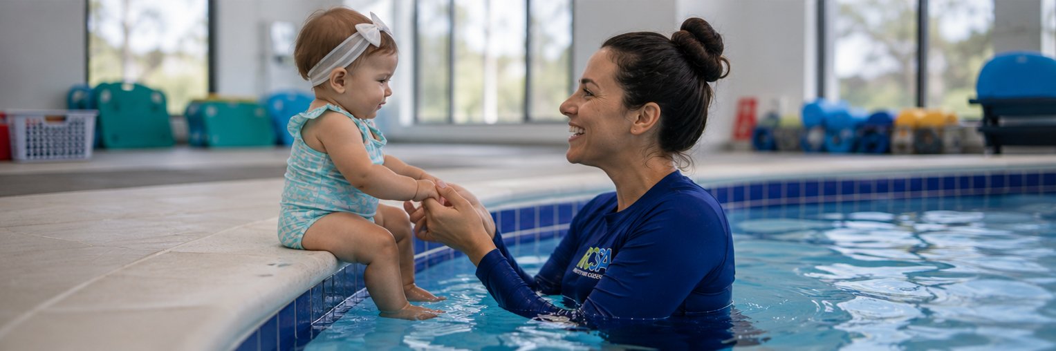 RCSA instructor building trust with infant at pool edge